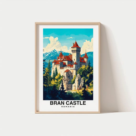 Bran Castle Print Travel Poster Romanian Art Medieval Architecture Scenic Views Historic Landmark Draculas Castle Carpathian Hills