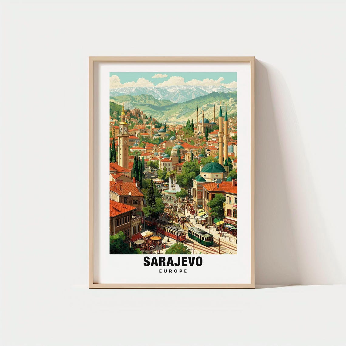 Sarajevo Europe Old Town Mosques Trams Mountain Backdrop Poster