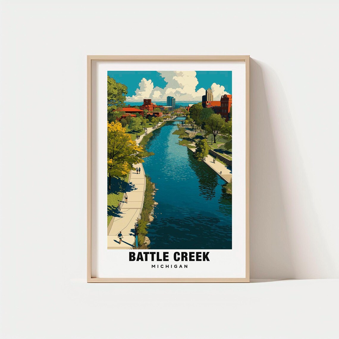 Battle Creek Michigan Riverwalk City Skyline Park Scene Poster