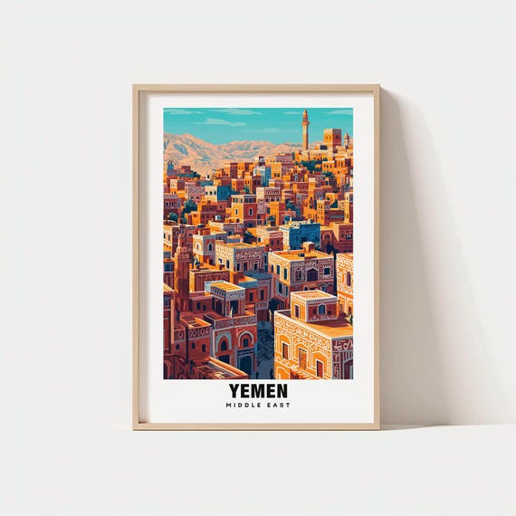 Yemen Print Travel Poster Views Cultural Art Historic Sites Desert Beauty Ancient Architecture Scenic Landscapesarabian Charm