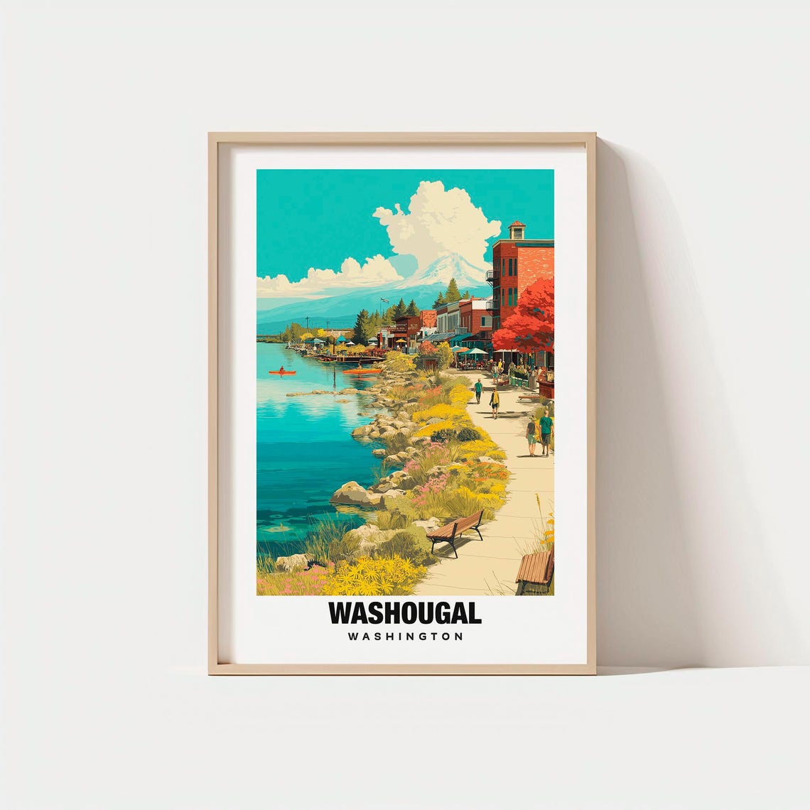 Washougal Washington Riverside Town Snowy Peak Kayak View Poster