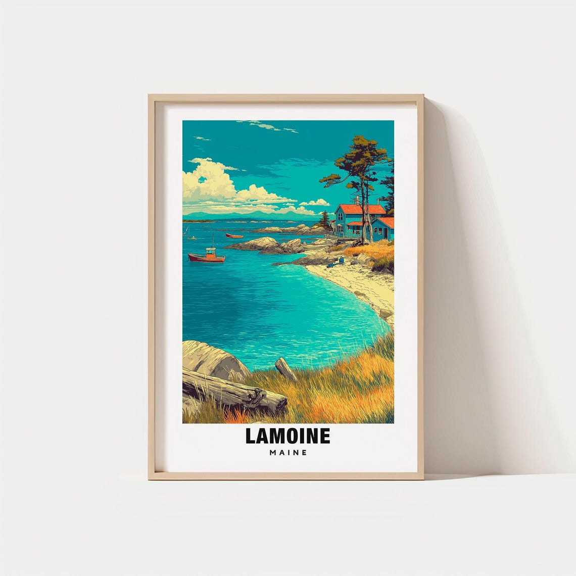 Lamoine Maine Rocky Cove Boats Coastal Cottage Pine Tree Poster