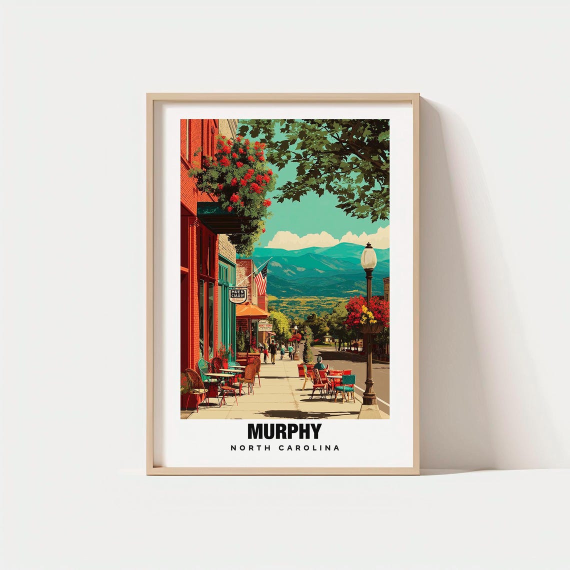 Murphy North Carolina Mountain Town Street with Sidewalk Cafes Poster