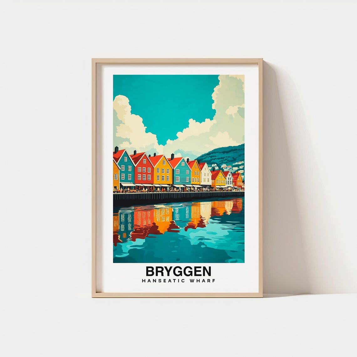 Bryggen Hanseatic Wharf Print Travel Poster Norwegian Art Historic Buildings Scenic Harbor Cultural Landmark Vibrant City Bergen