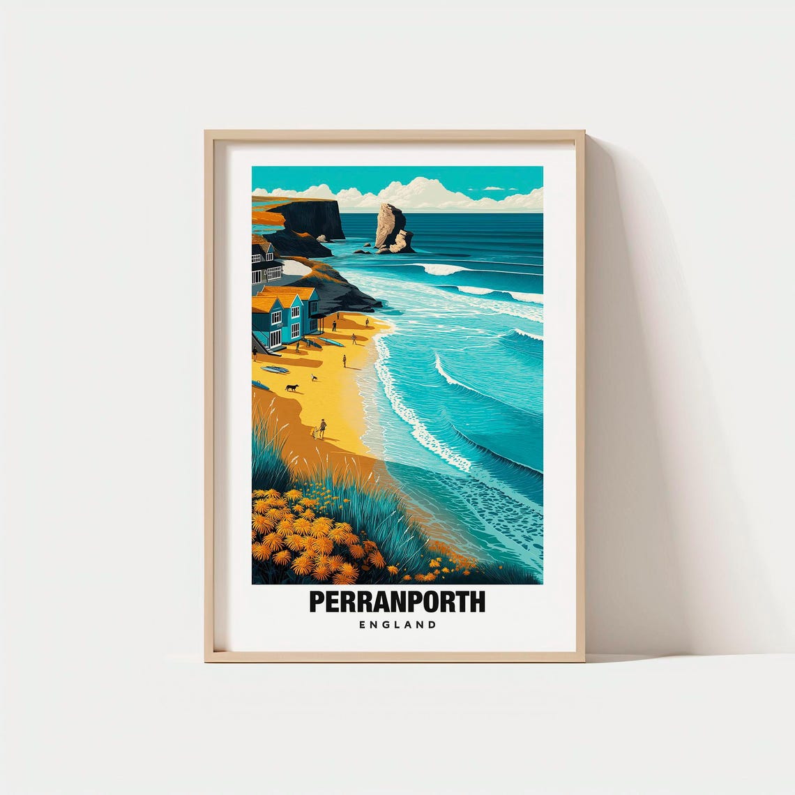 Perranporth England Surf Beach Cliffs and Golden Sands Travel Poster