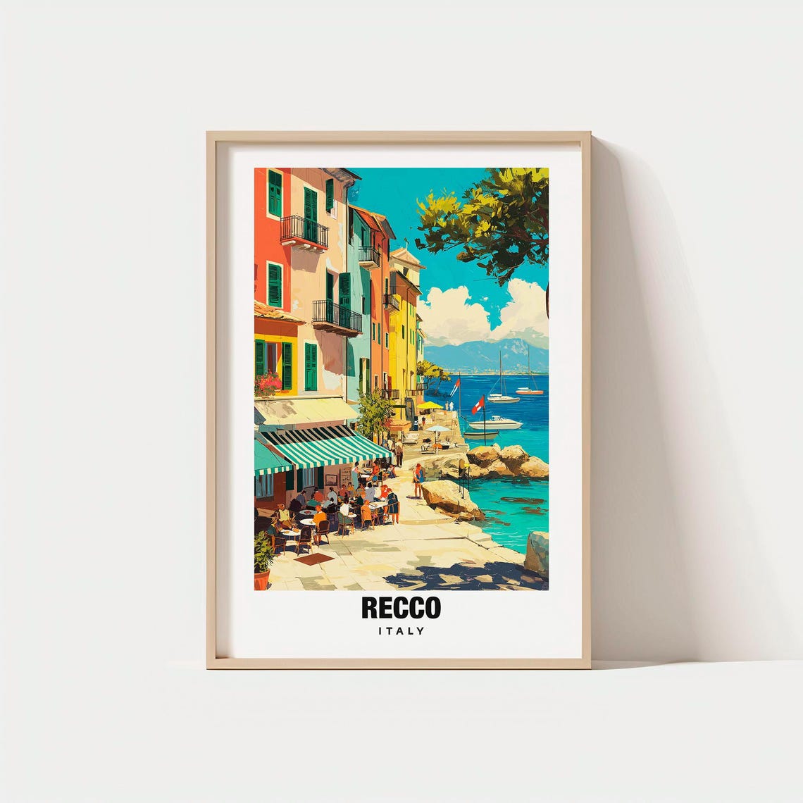 Recco Italy Ligurian Coast Cafe Promenade Harbor Boats Poster