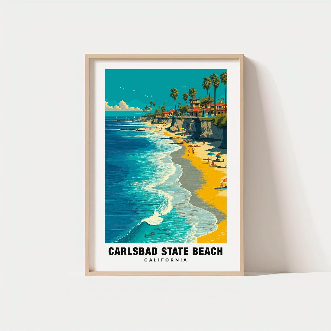 Carlsbad State Beach California Cliffs Palms Beachgoers Surf Poster