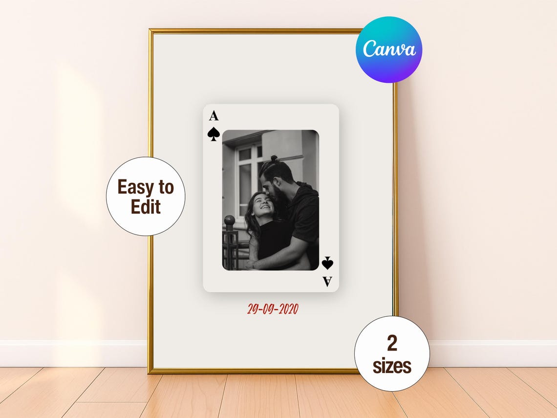 Custom Couples Photo Playing Card Ace Spades Canva Template Poster