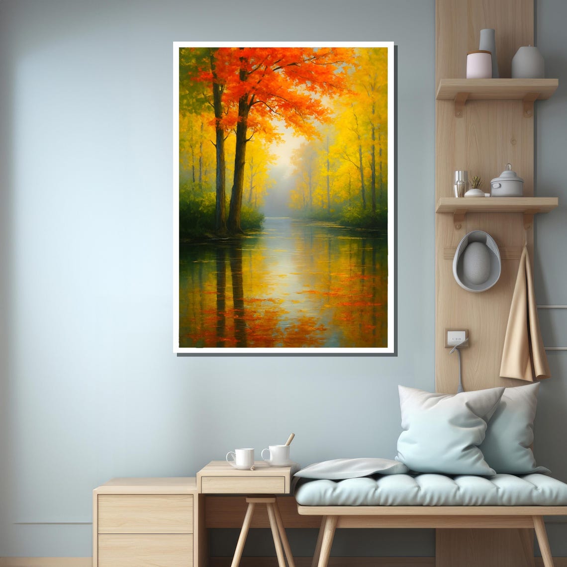 Golden Autumn Forest With Reflections On Water Framed Or Unframed Art Print For Cozy Living Room Wall Decor - Image 3