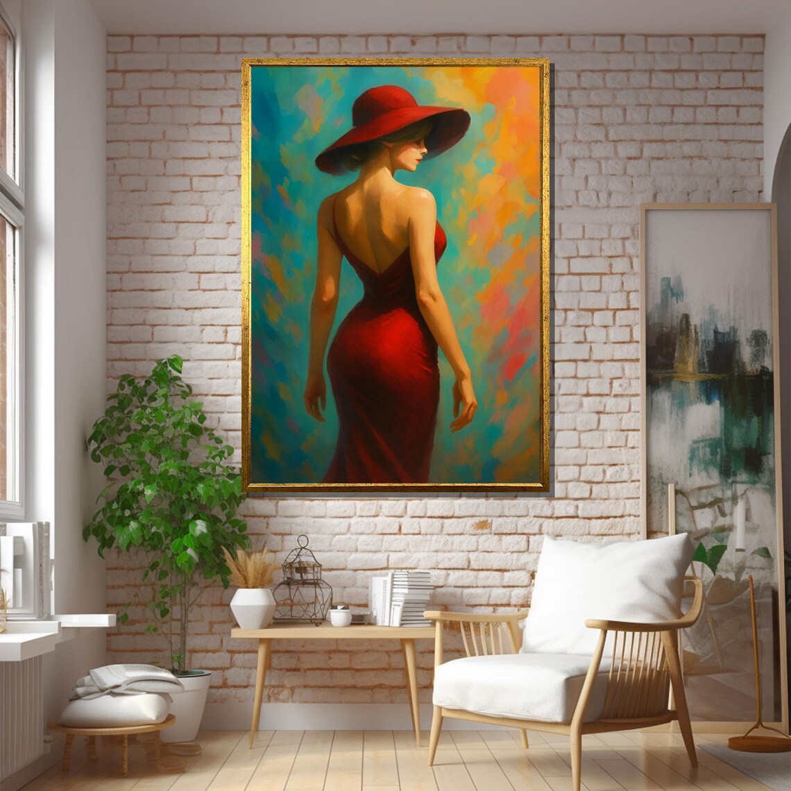 Elegant Woman in Red Dress and Wide Hat Vibrant Painting Art Poster - Image 5