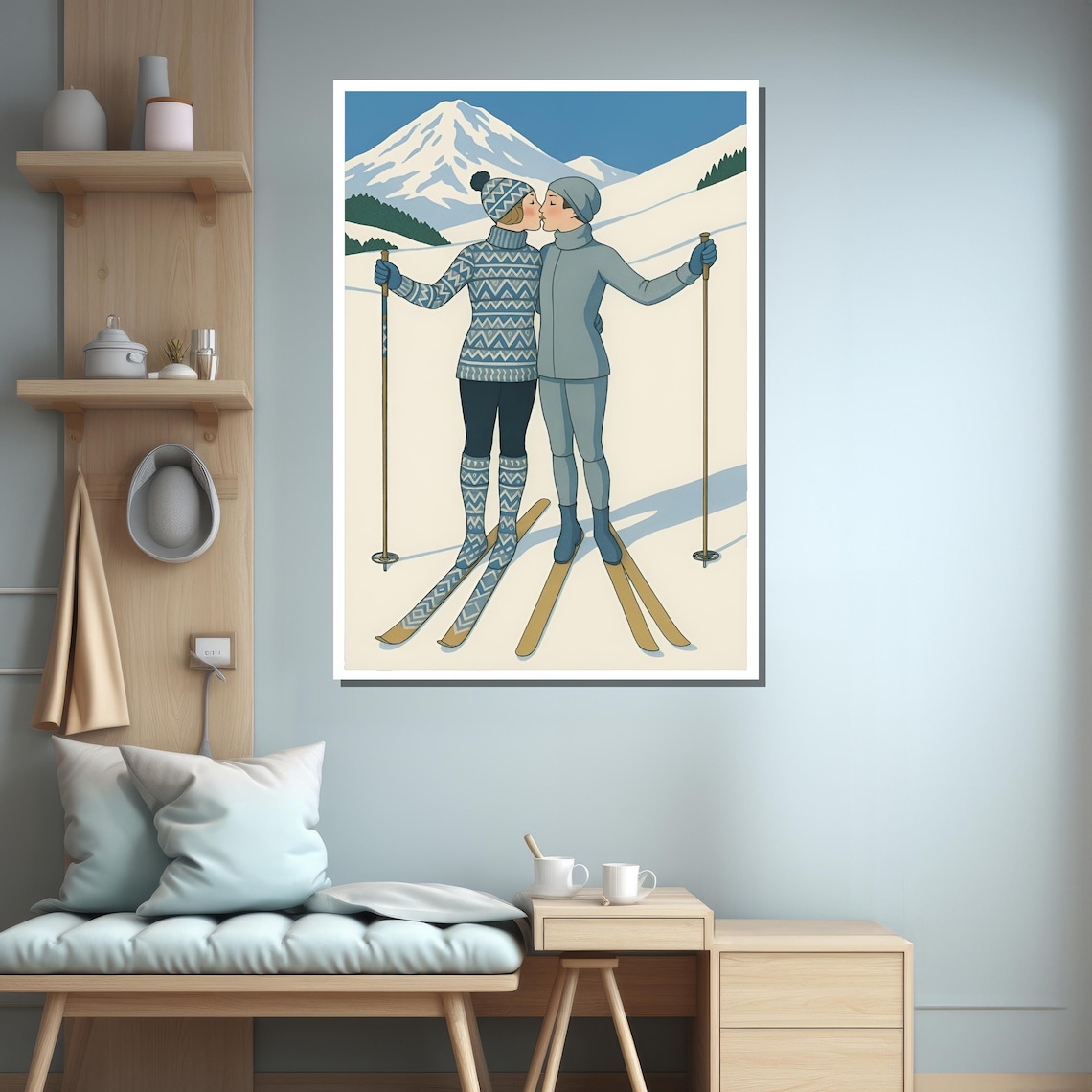 Romantic Ski Couple Painting, Winter Love Decor - Image 3