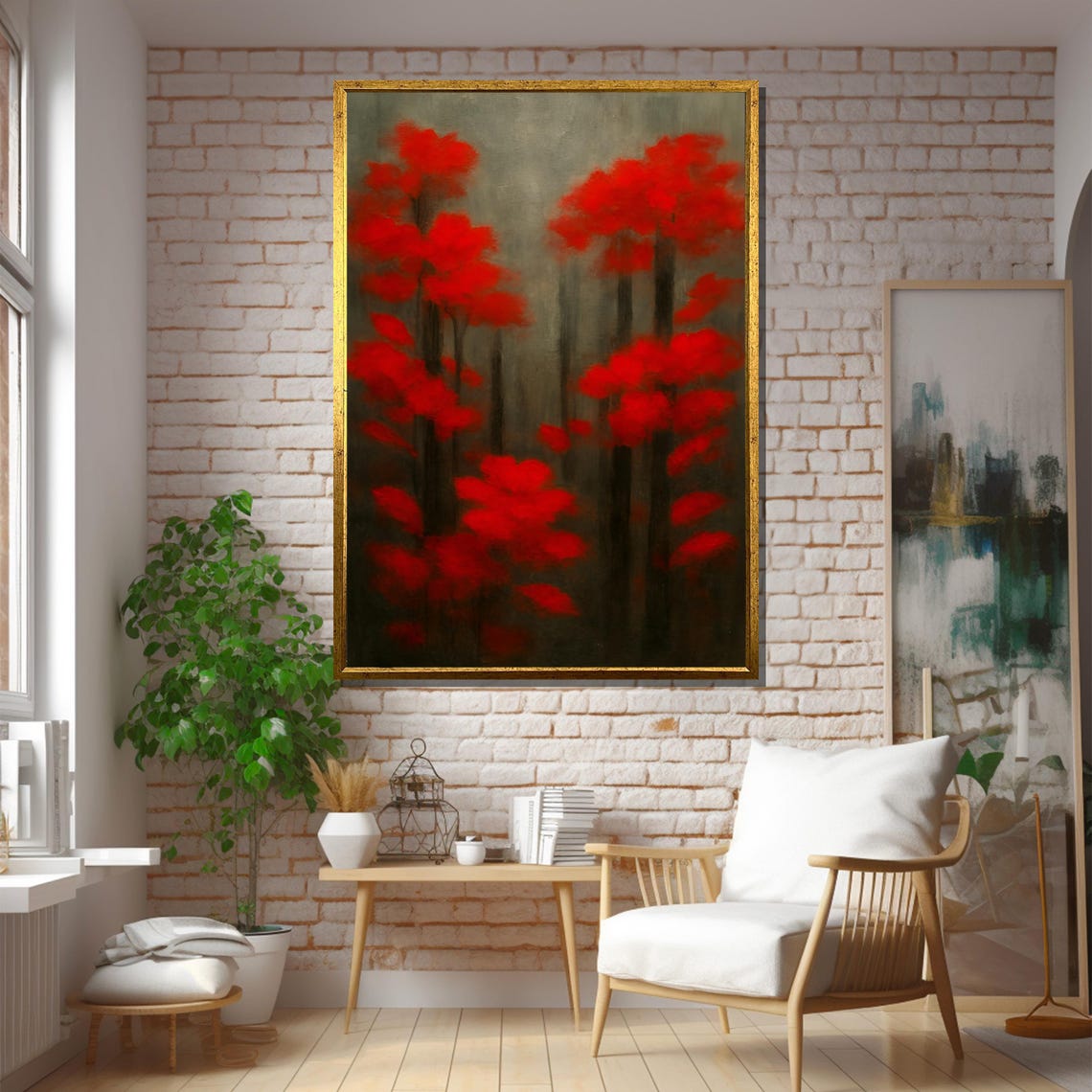 Misty Forest With Vibrant Red Trees Framed Or Unframed Art Print For Elegant Living Room Wall Decor - Image 5