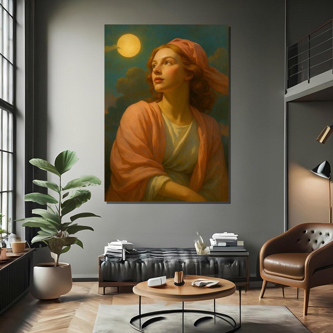 Romantic Woman Under Moonlight in Pink Headscarf Painting Poster - Image 2