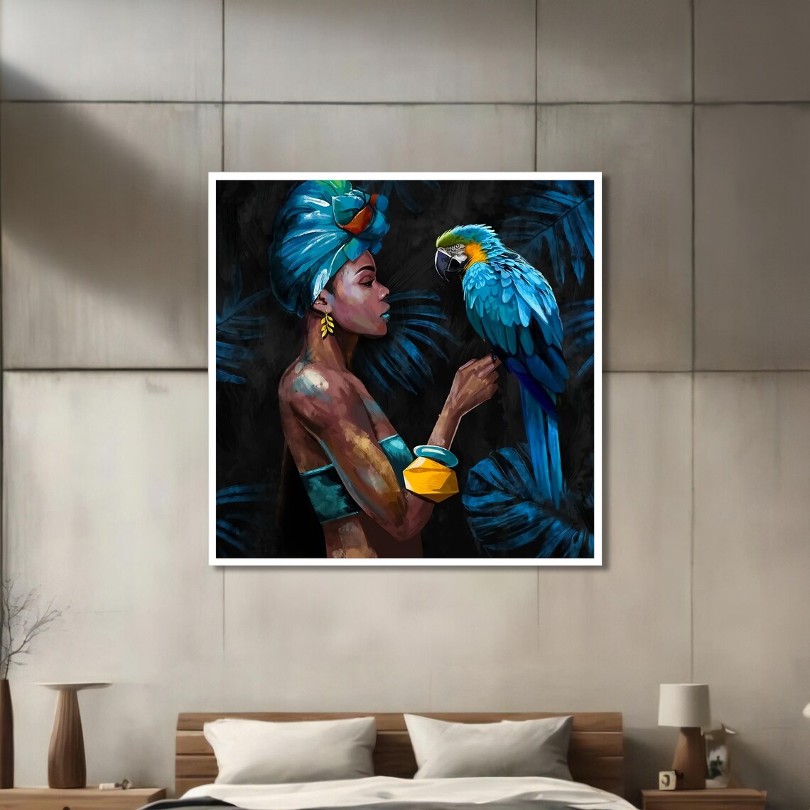 African Woman With Parrot, Vibrant Ethnic Art - Image 3