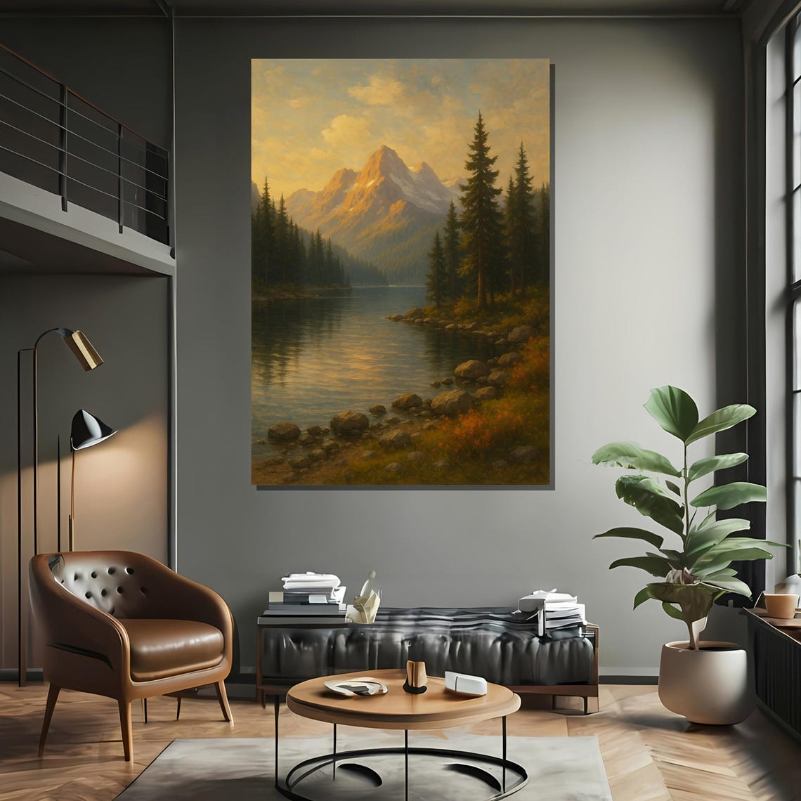 Majestic Mountain And Lake Landscape Painting Framed Black White Gold Silver Gallery Wrapped Or Rolled Art Print - Image 2