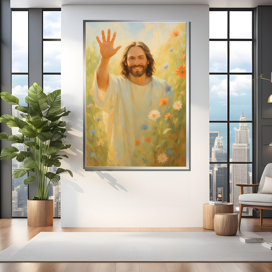 Peaceful Jesus in Floral Field, Christian Decor - Image 4