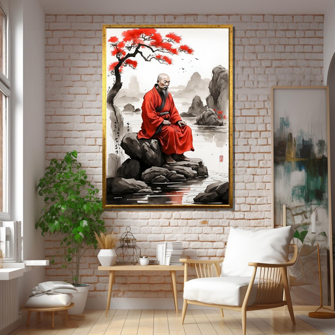Zen Monk By Waterfall With Red Tree Art Print - Image 5