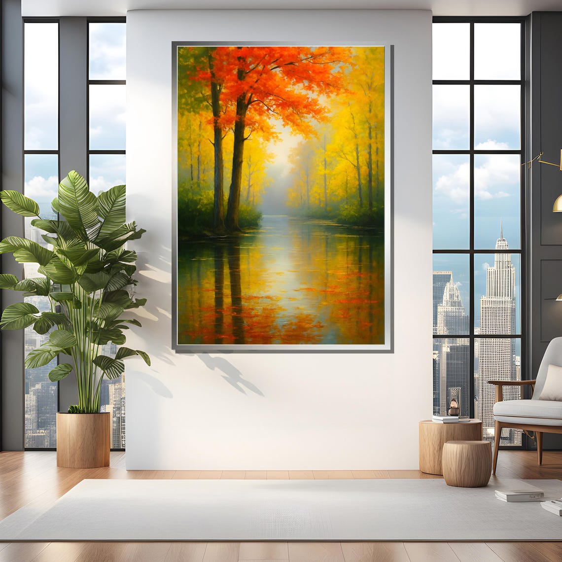 Golden Autumn Forest With Reflections On Water Framed Or Unframed Art Print For Cozy Living Room Wall Decor - Image 4