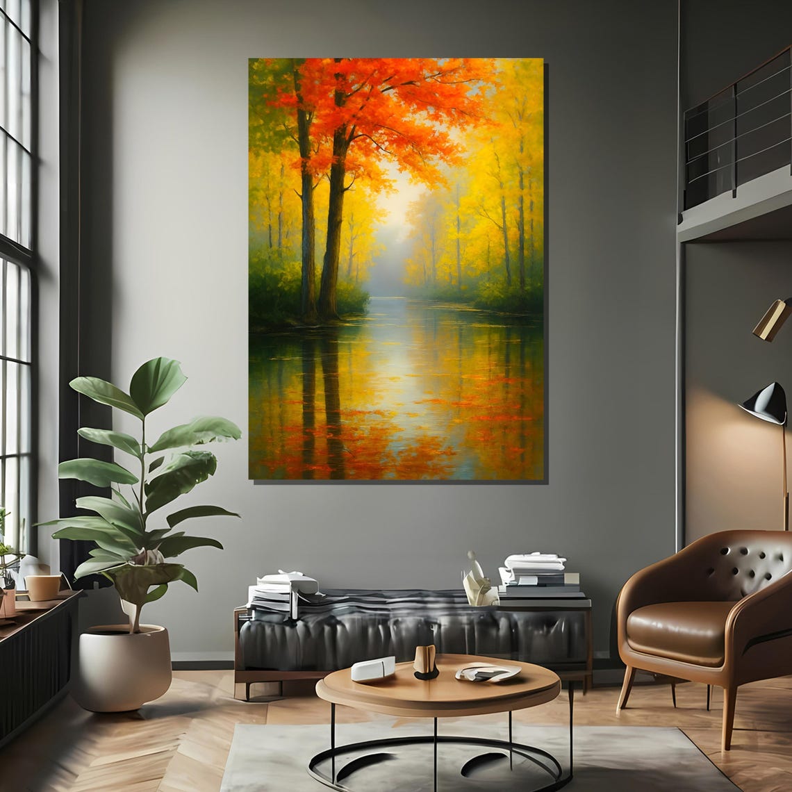 Golden Autumn Forest With Reflections On Water Framed Or Unframed Art Print For Cozy Living Room Wall Decor - Image 2