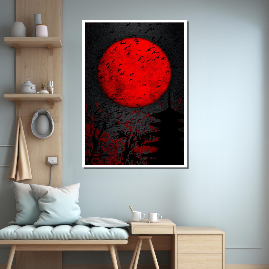 Japanese Red Moon, Dark Minimalist Wall Decor - Image 2