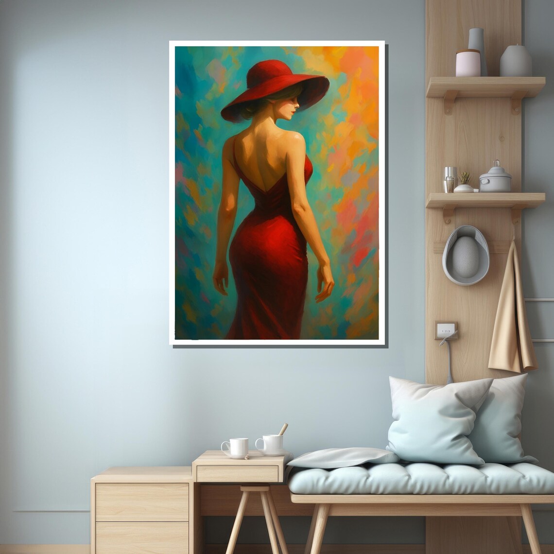 Elegant Woman in Red Dress and Wide Hat Vibrant Painting Art Poster - Image 3
