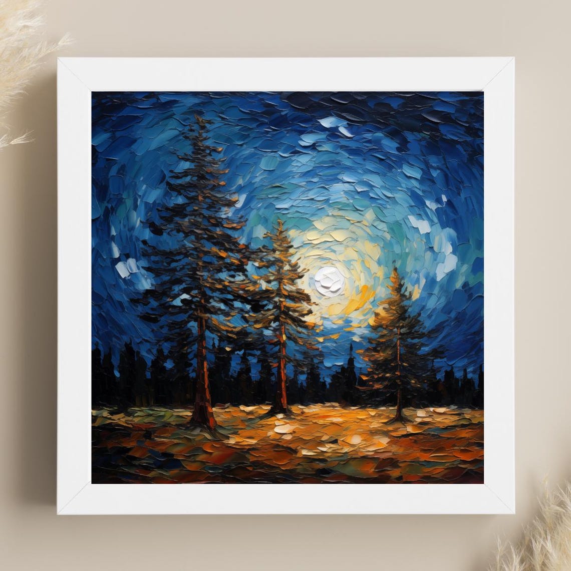 Forest Night Print Square Night Sky Oil Painting Full Moon Pine Tree Wall Art Moonlit Sky Rustic Cabin Decor Mountain Home Artwork - Image 6