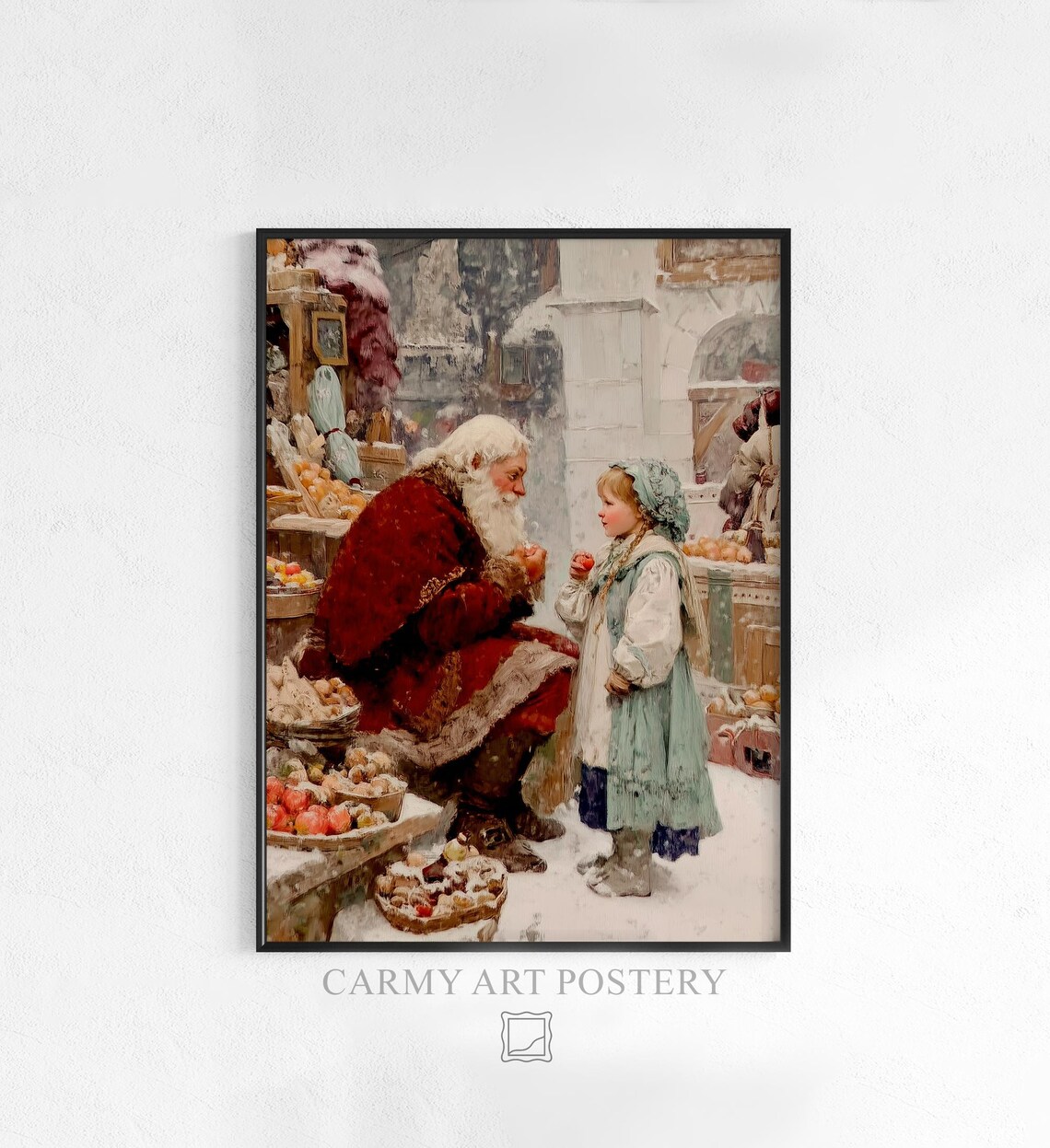 Santa Claus Giving Gift to Child at Snowy Market Vintage Art Poster