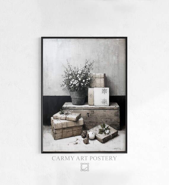 Rustic Farmhouse Christmas Gifts Still Life Neutral Holiday Wall Art