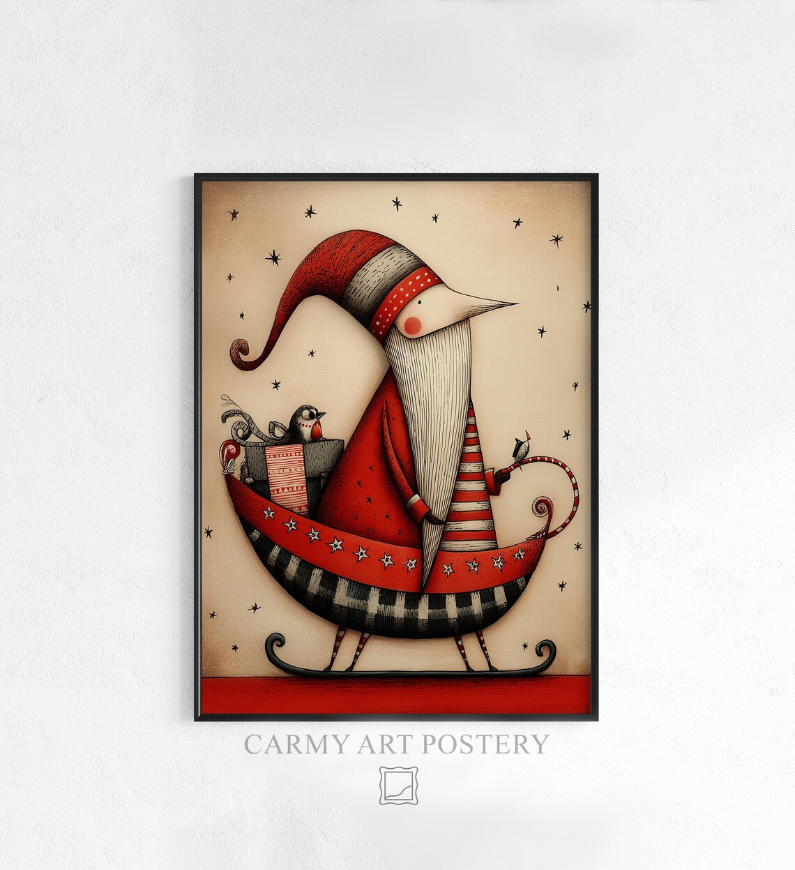 Whimsical Santa Claus in Sleigh Folk Art Vintage Christmas Poster