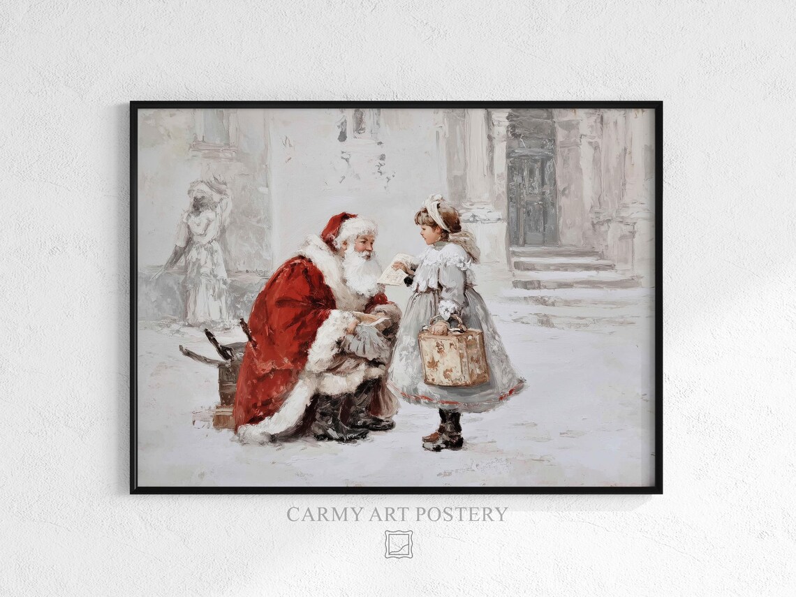 Vintage Santa Claus Girl Snowy Street Classic Christmas Painting Poster