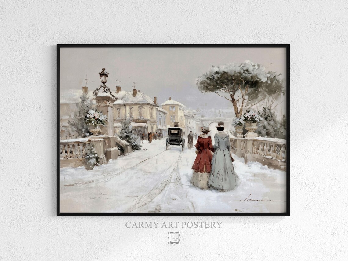 Vintage Winter Street Scene, Cozy Victorian Painting
