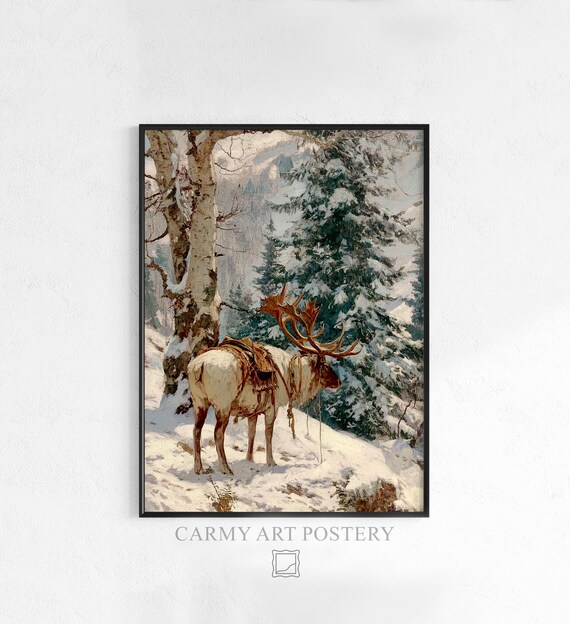 Saddled Reindeer in Snowy Pine Forest Vintage Wildlife Poster