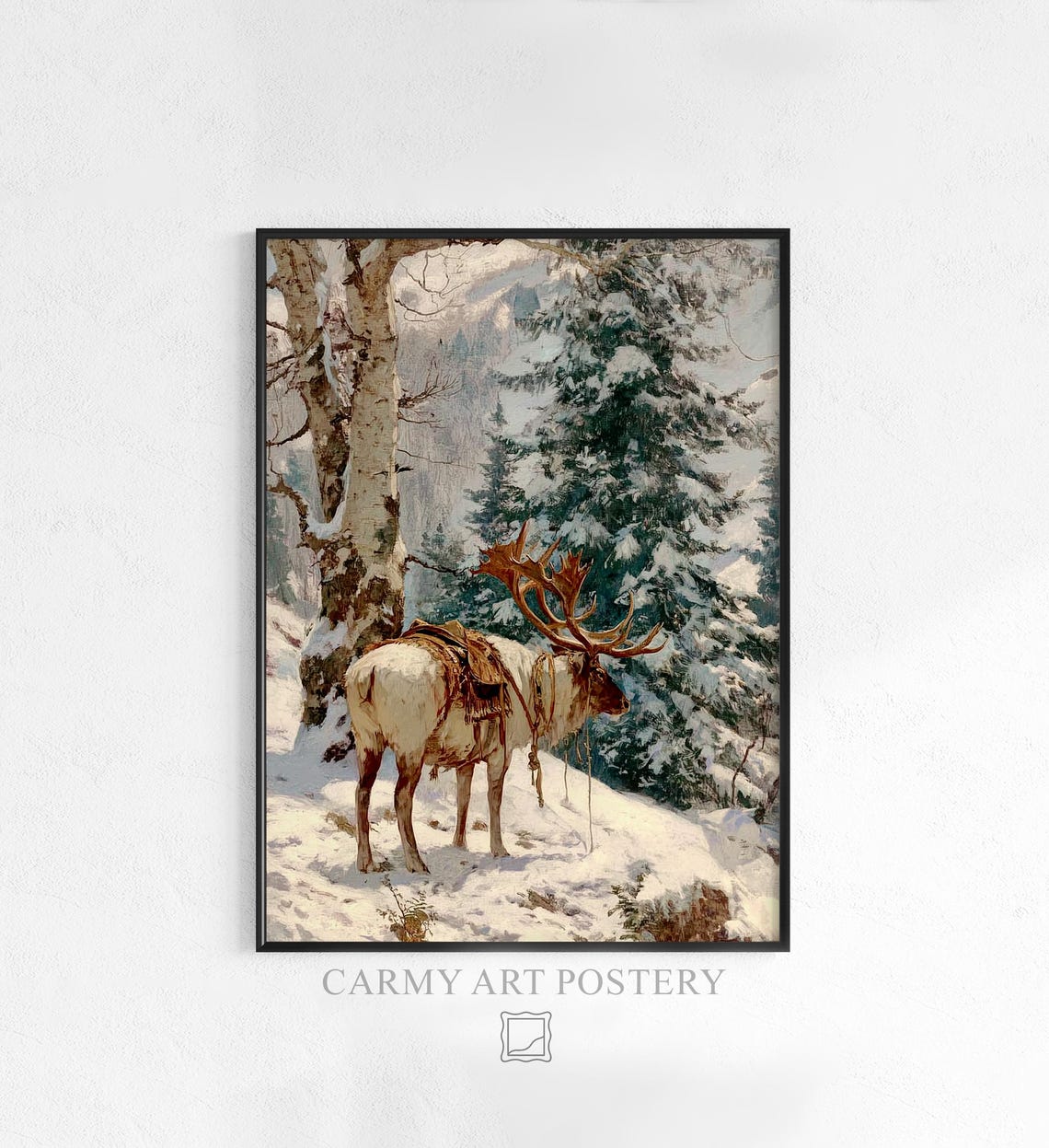 Saddled Reindeer in Snowy Pine Forest Vintage Wildlife Poster
