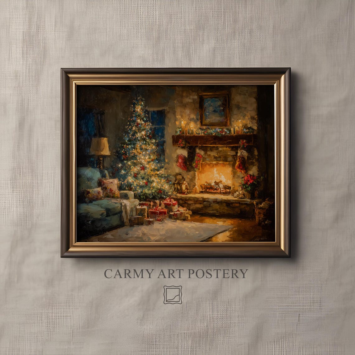 Cozy Christmas Living Room Fireplace Tree Vintage Oil Painting Print