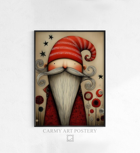 Whimsical Santa Gnome Red Hat Folk Christmas Illustration Wall Art