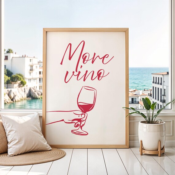 More Vino Minimalist Red Wine Glass Line Art Hand Modern Poster