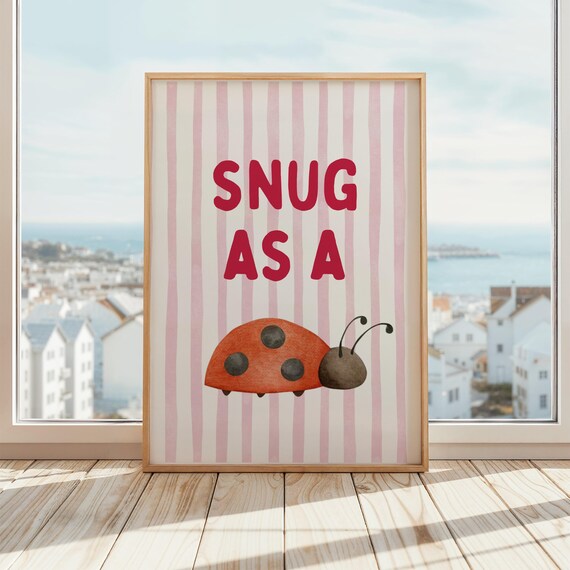 Snug As A Bug Red Ladybug On Pink Striped Nursery Quote Poster