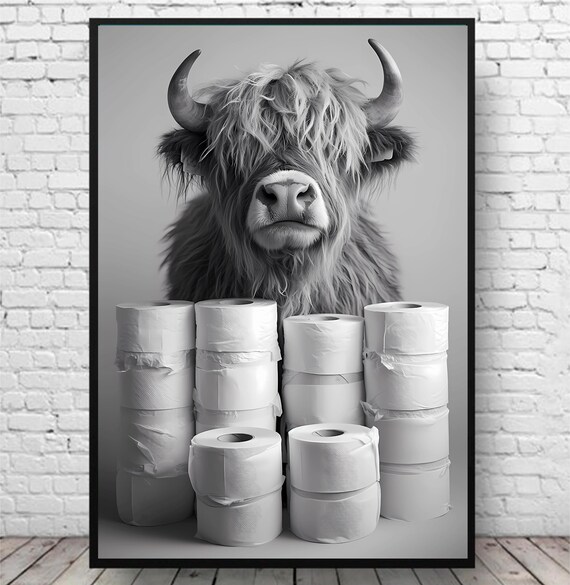 Highland Cow With Toilet Paper Animal Print For Funny Poster Black Art Prints Bathroom Wall Ai