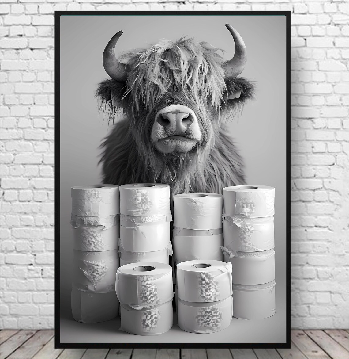 Funny Highland Cow Behind Toilet Paper Rolls Black White Poster