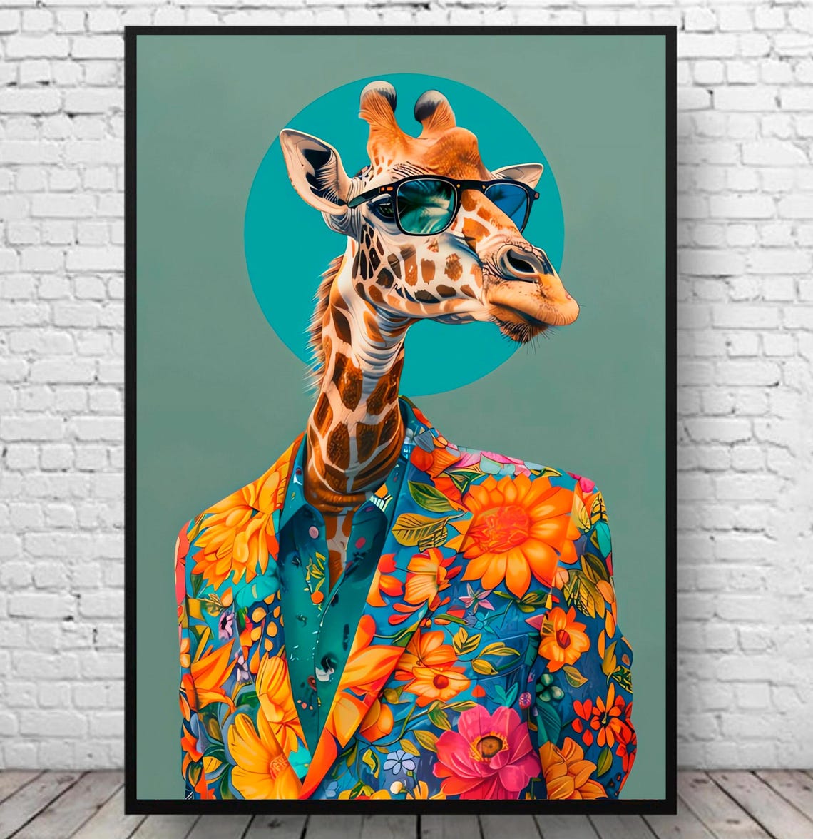 Stylish Giraffe Sunglasses Colorful Floral Blazer Portrait Poster