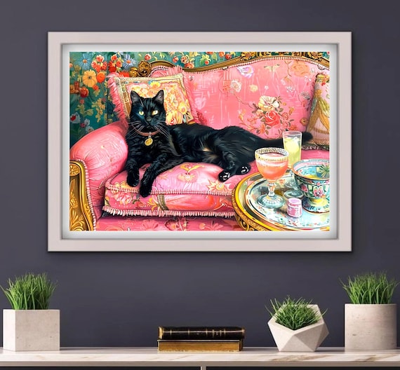 Black Cat Lounging On Pink Sofa With Cocktails Retro Decor Poster