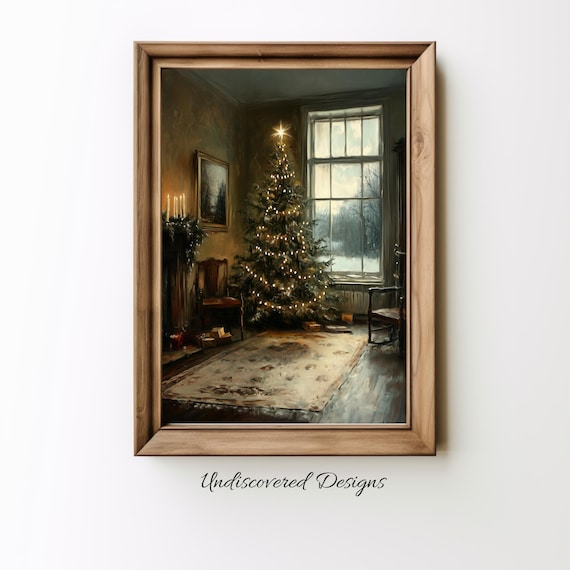 Christmas Tree By Tall Window In Old Dark Room Vintage Oil Painting Poster