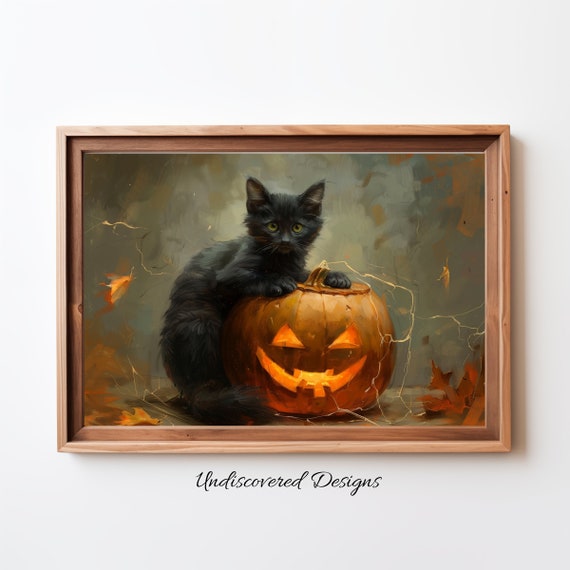 Black Cat Jackolantern Spooky Halloween Art Dcor Wall Vintage Prints Oil Painting