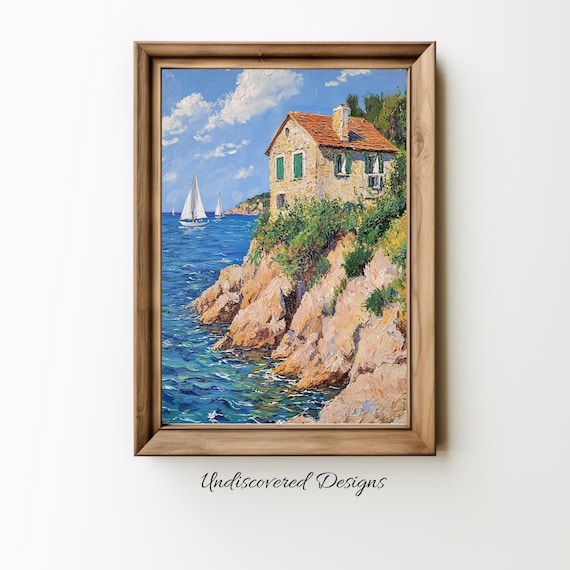 Coastal Stone Cottage On Cliffs Vintage Oil Painting Sailboats Poster