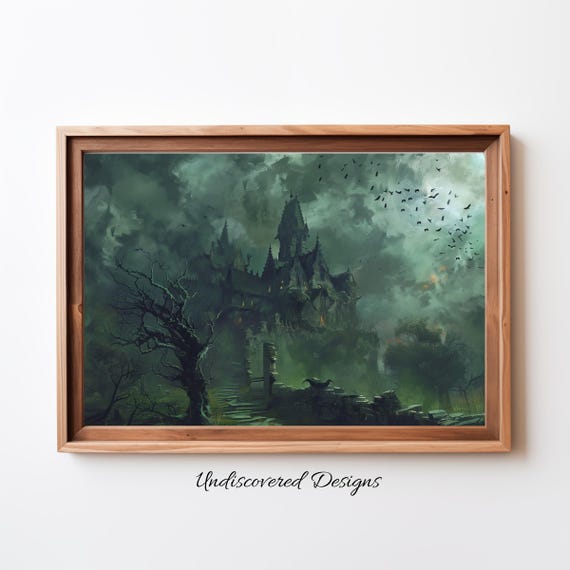 Spooky Haunted House Art Vintage Halloween Oil Painting Print