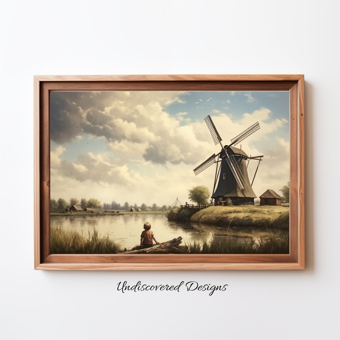 Dutch Windmill River Landscape Vintage Style Painting Poster