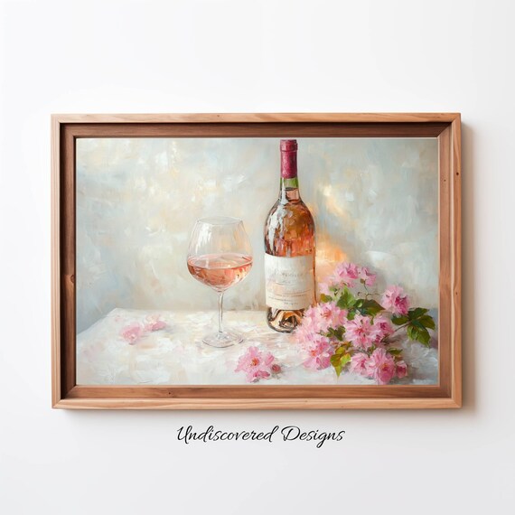 Vintage Wine and Pink Flowers Poster Rosé Bottle Still Life Art