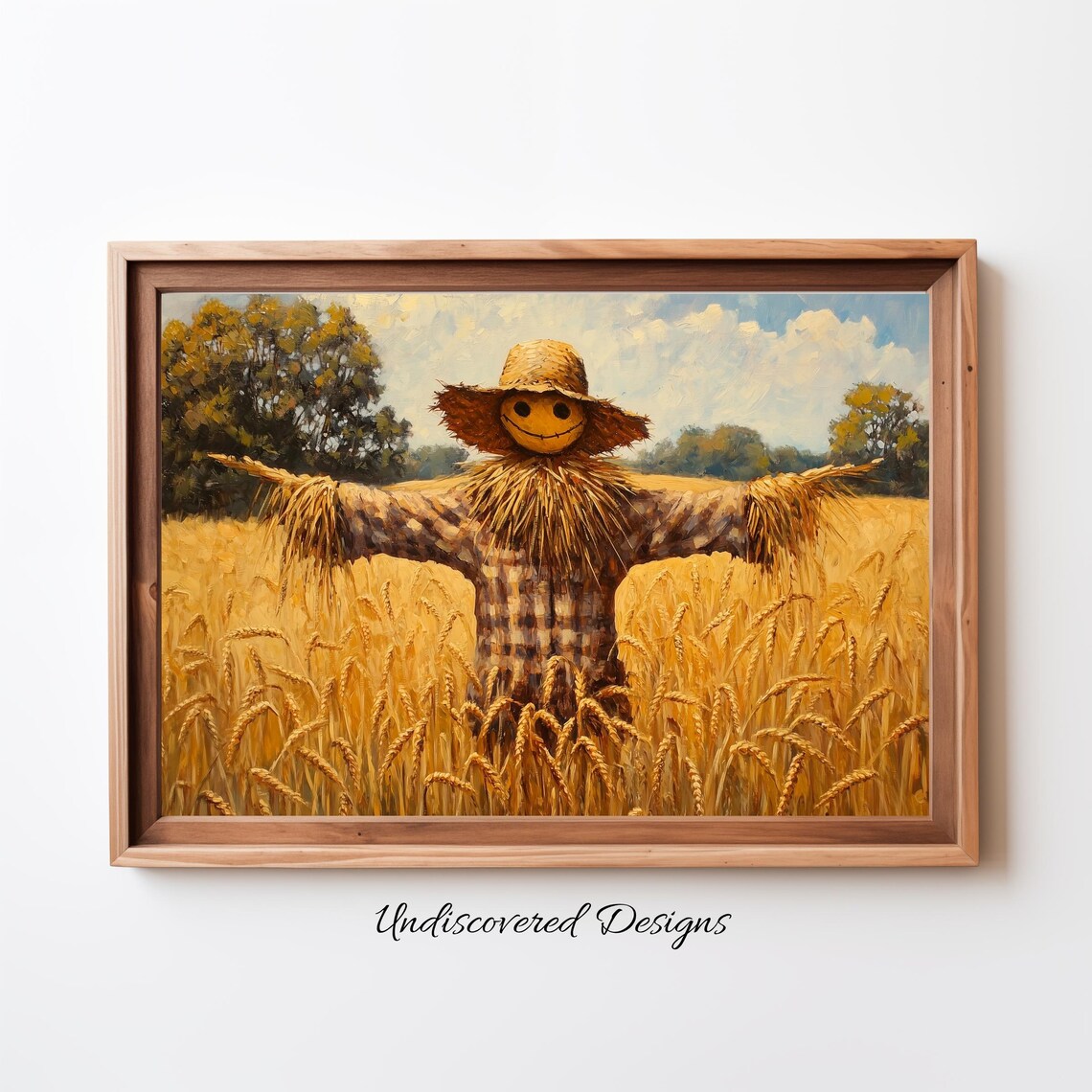 Vintage Scarecrow Oil Painting Golden Wheat Field Harvest Poster