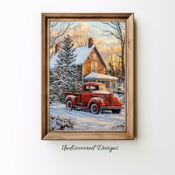 Red Vintage Truck At A Snowy Farmhouse Winter Christmas Poster