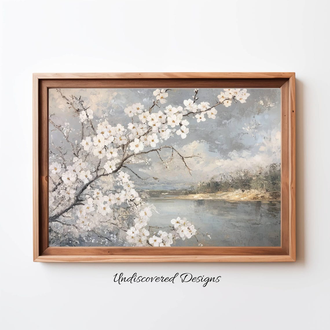 Cherry Blossoms By The Lake Spring Vintage Landscape Art Poster